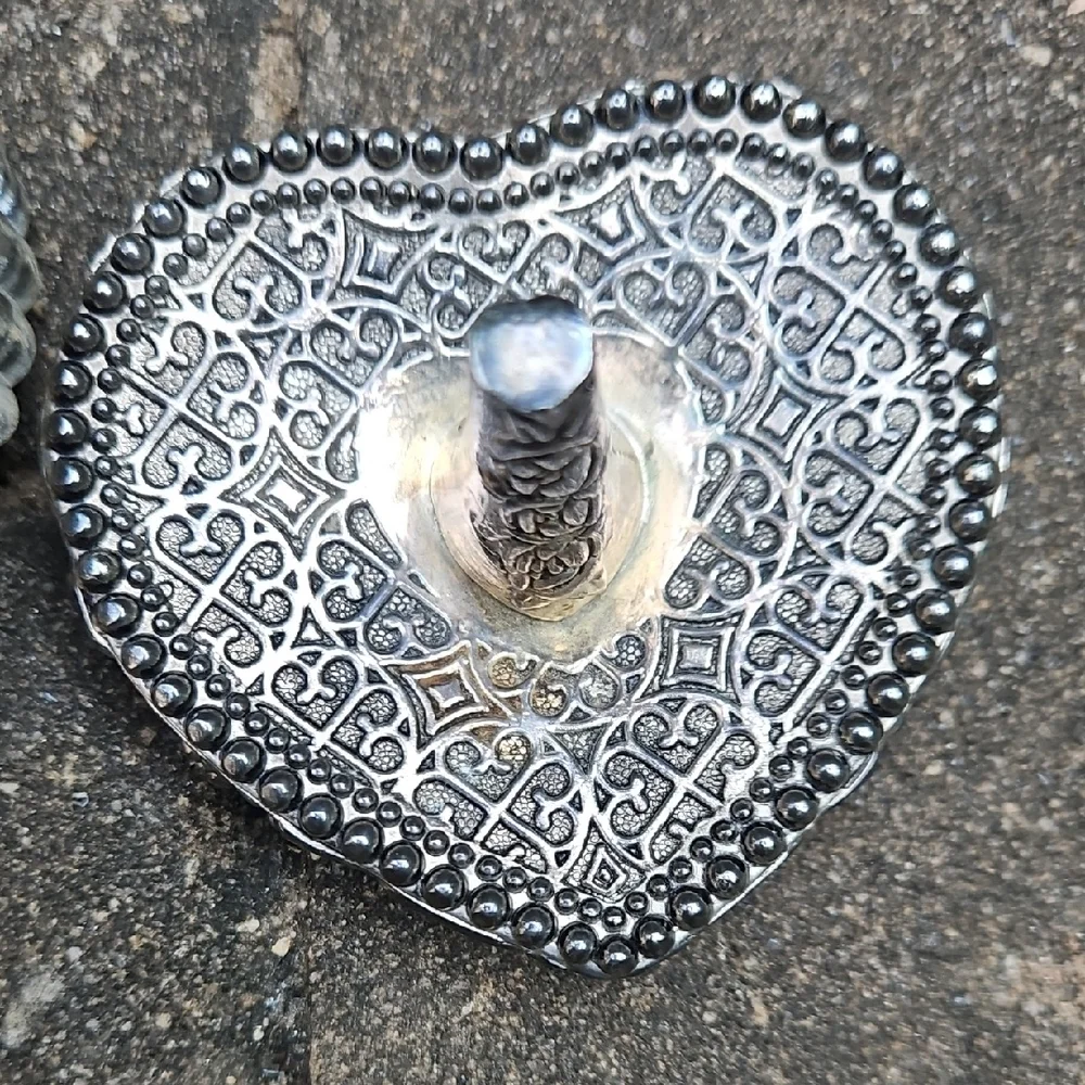 2 Pc Vintage Silver Heart-Shaped Jewelry Organizer Set Ring Holder Trinket Box